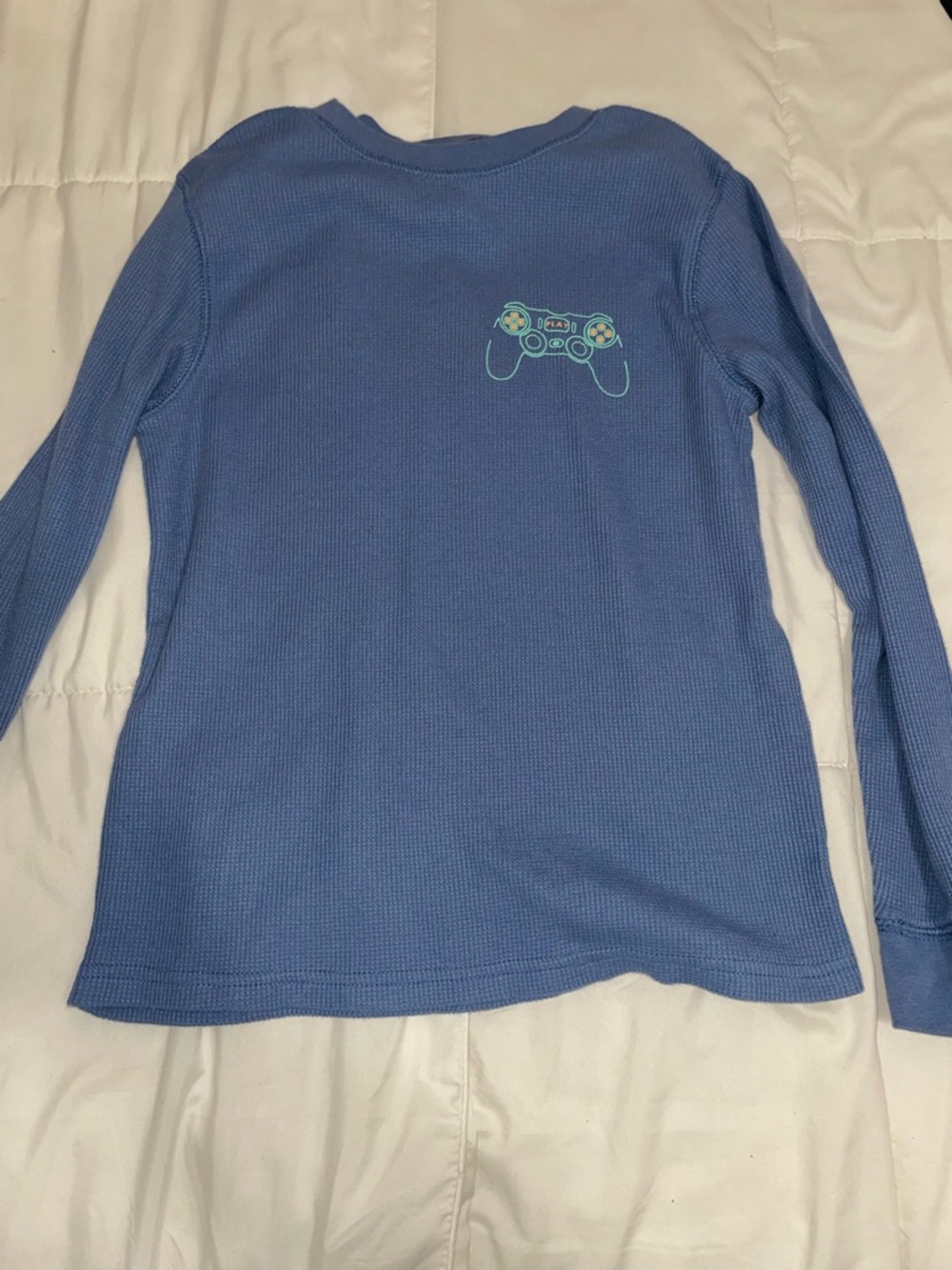 Kids Blue Long-Sleeve Waffle Tee with Game Controller Motif